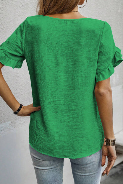 Solid Color Ruffle Trim Short Sleeve Blouse
