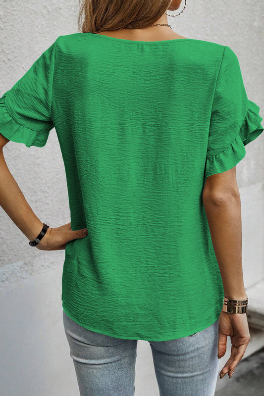Solid Color Ruffle Trim Short Sleeve Blouse