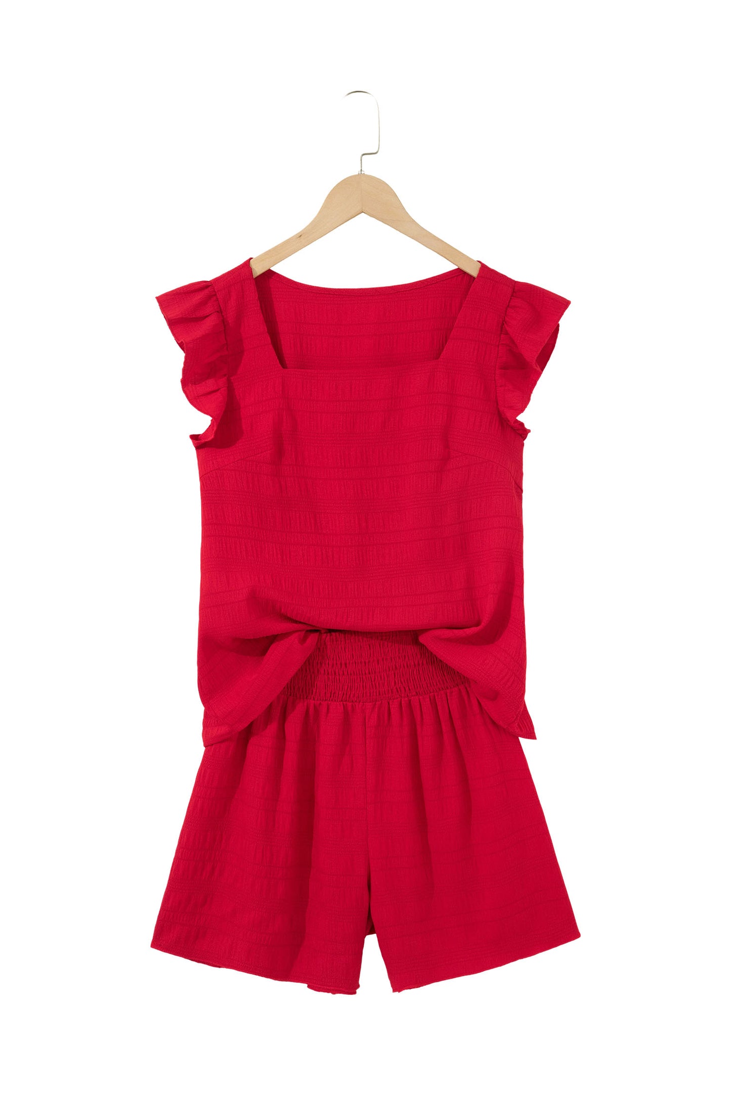 Textured Square Neck Top and Shirred High Waist Shorts Set