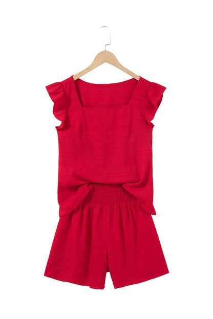 Textured Square Neck Top and Shirred High Waist Shorts Set
