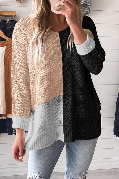 Chestnut Color Block Knit V Neck Loose Sweater