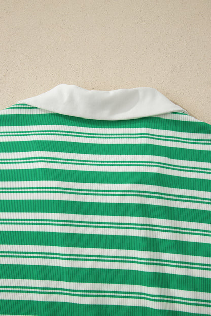 Stripe Collared V Neck Short Sleeve T Shirt Midi Dress with Pockets