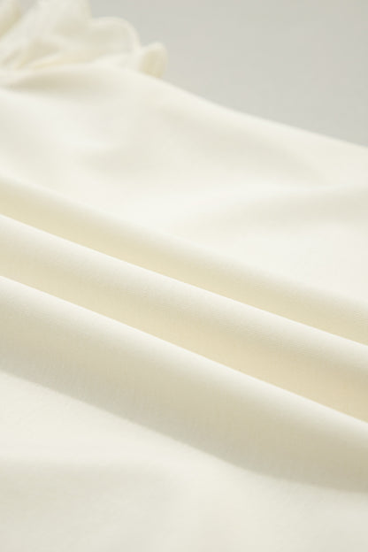 Beige Zipped up Collared Ruffled Short Sleeve Blouse