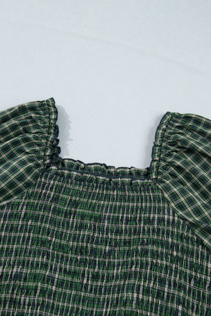 Green Plaid Square Neck Shirred High Waist Ruffle Hem Dress
