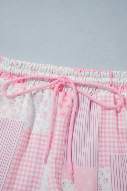 Patchwork Floral Print Drop Shoulder Baggy Pullover Drawstring Shorts Set