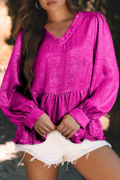 Black Metallic Frilled V Neck Puff Sleeve Babydoll Blouse