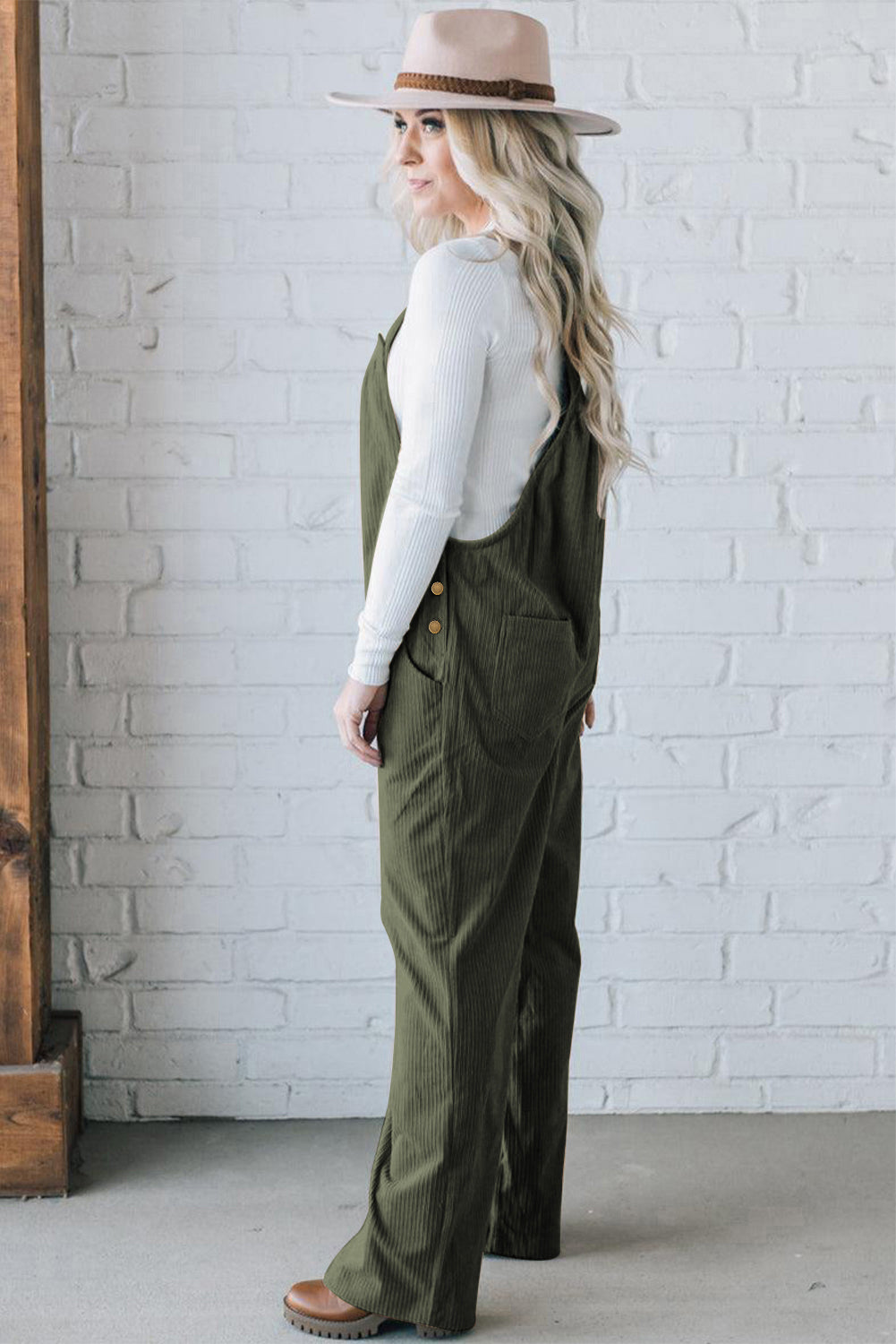 Button Adjustable Straps Solid Color Corduroy Jumpsuit