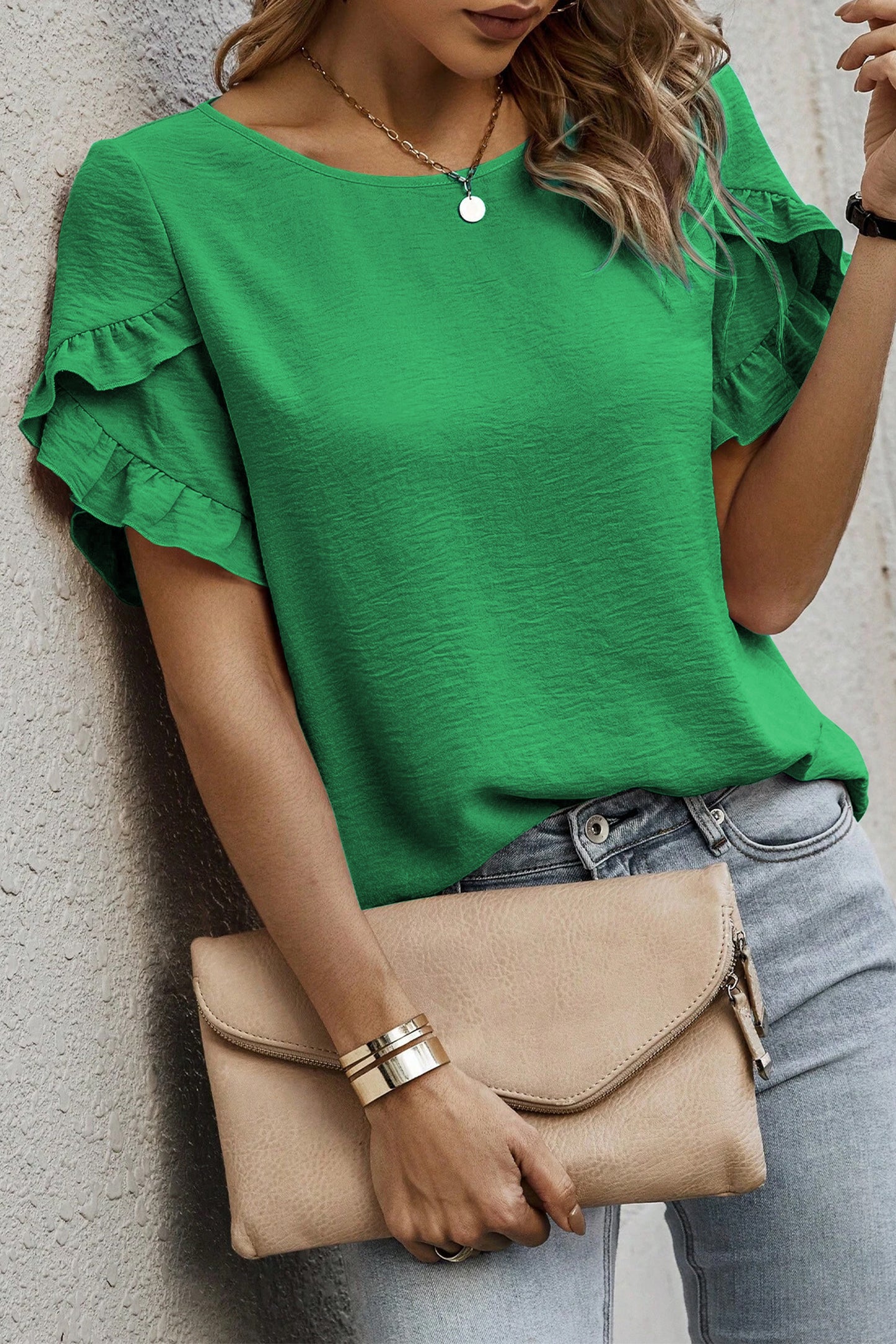 Solid Color Ruffle Trim Short Sleeve Blouse