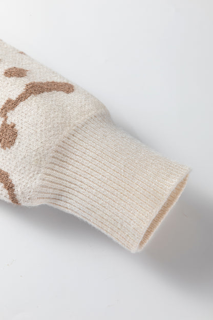 Camel Asymmetric Leopard Print Detail Drop Shoulder Sweater