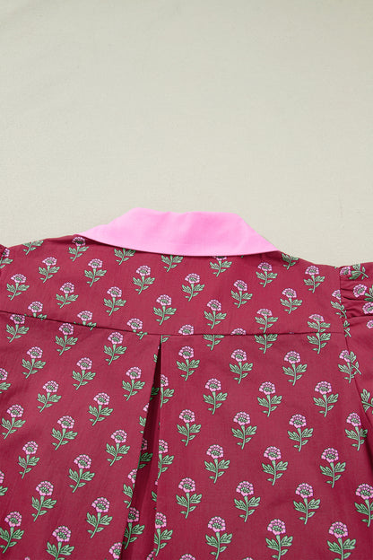 Red Contrast Collared V Neck Ricrac Trim Short Puff Sleeve Flower Blouse