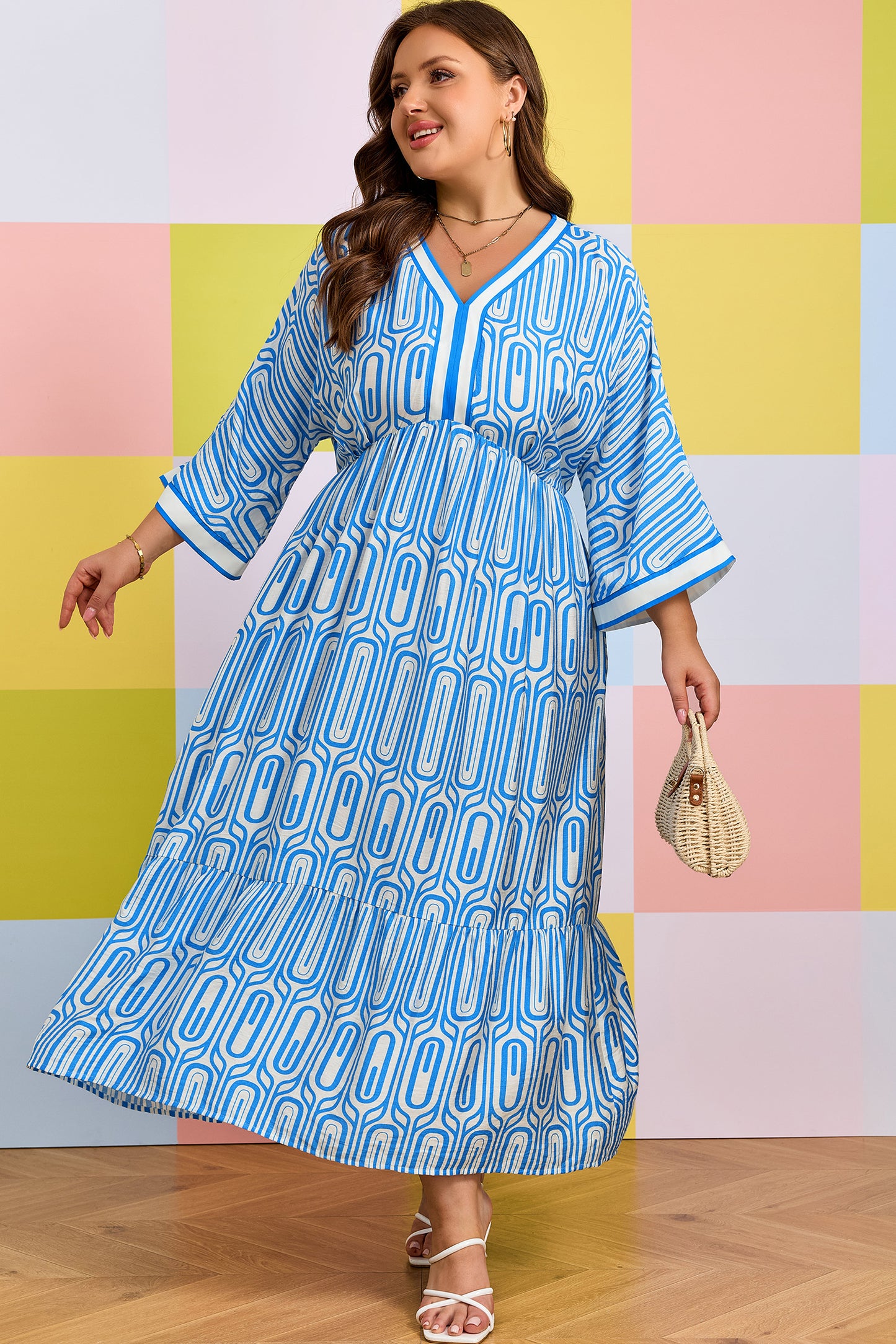 Plus Size Geometric Print Contrast Trim V Neck Bracelet Sleeve Long Dress