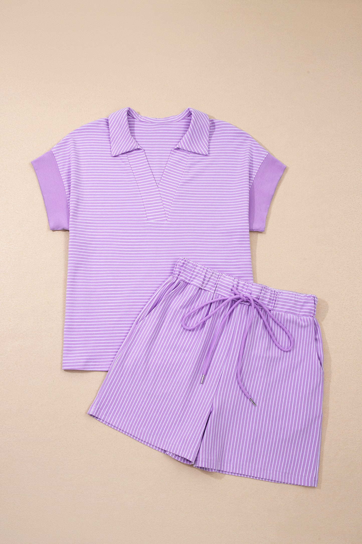 Stripe Dolman Sleeve Polo Shirt and Drawstring Shorts Set