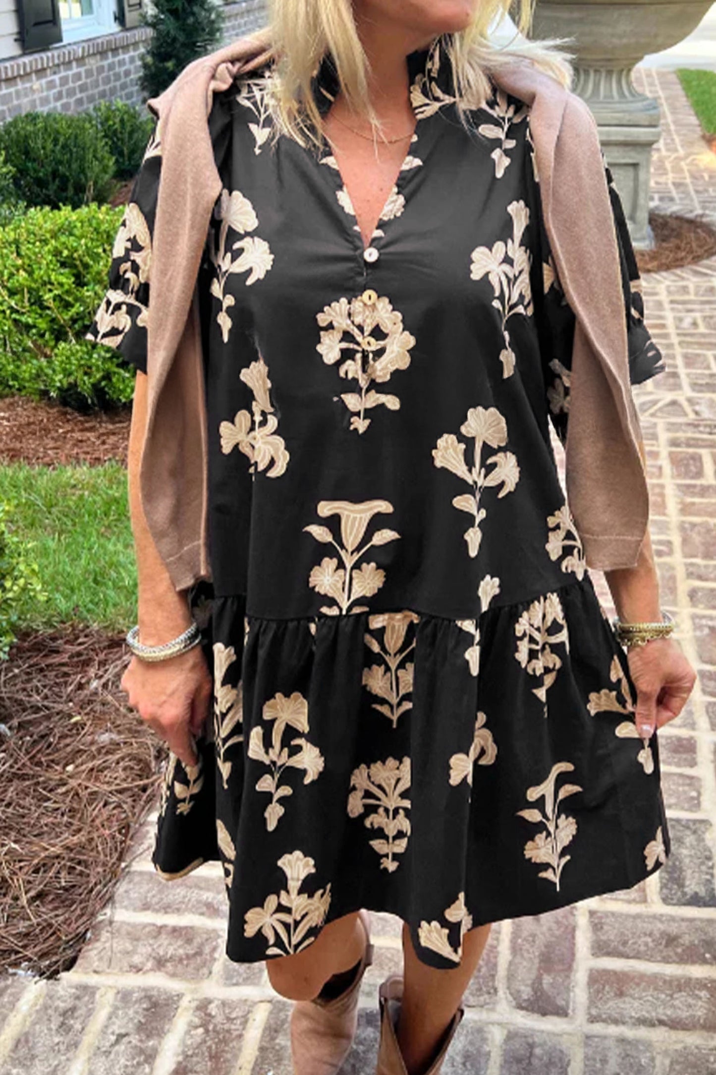 Frilled V Neck Puff Short Sleeve Floral Mini Dress