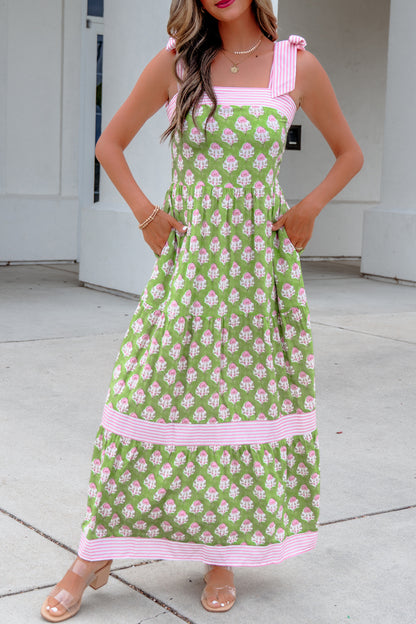 Floral Print Striped Detail Knot Straps Maxi Dress