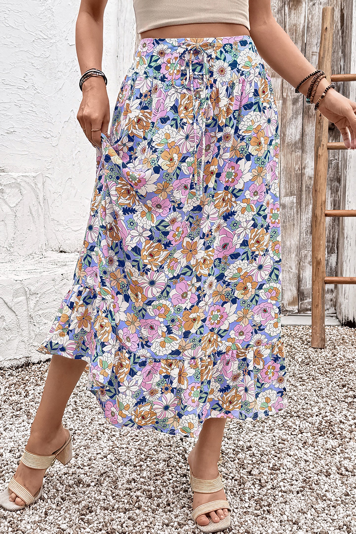 Pink Floral Print Lace-up High Waist Ruffle Hem Maxi Skirt