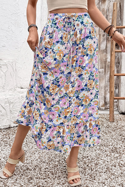 Pink Floral Print Lace-up High Waist Ruffle Hem Maxi Skirt