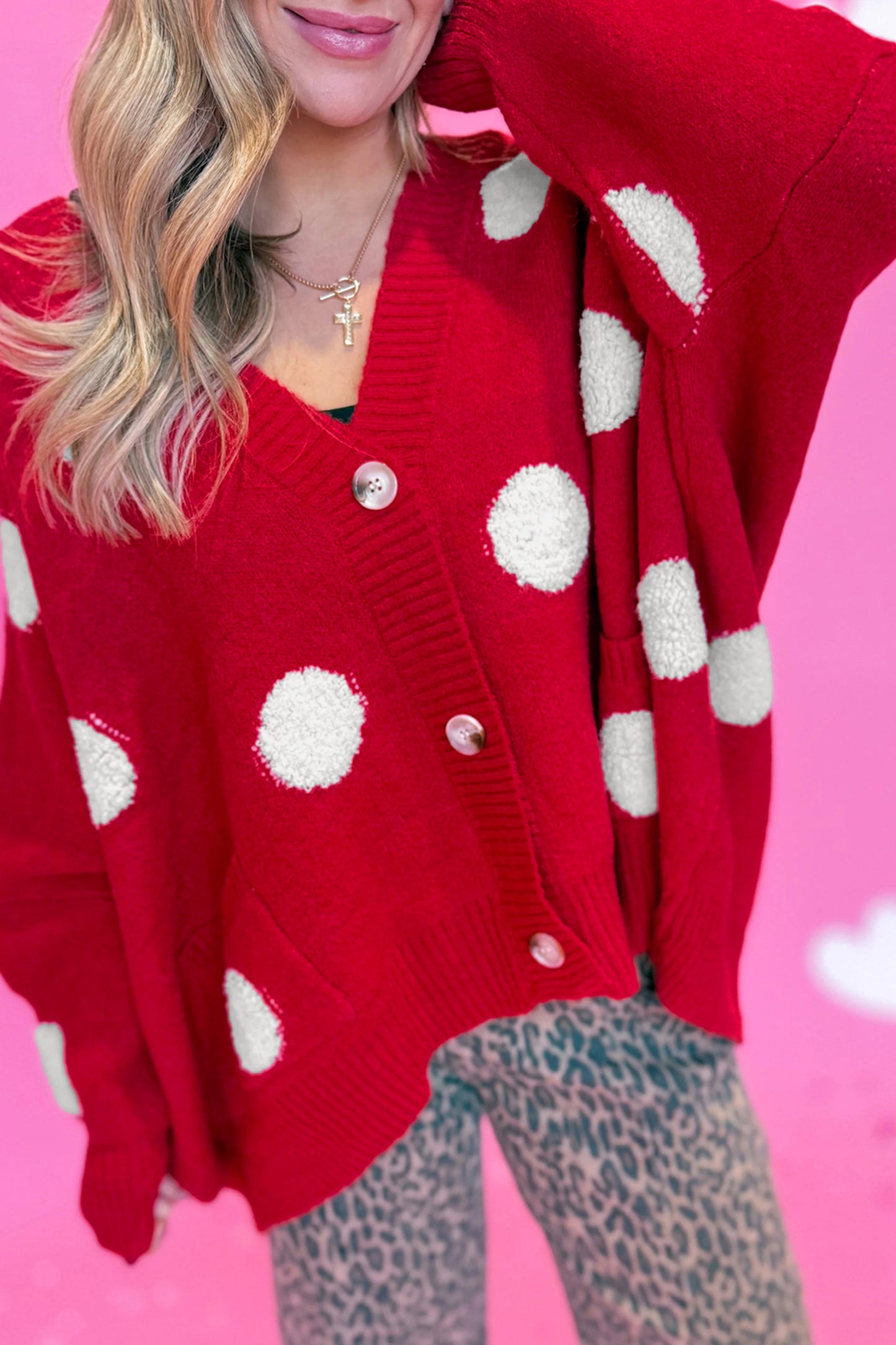 Polka Dot Button Front Oversized V Neck Cardigan