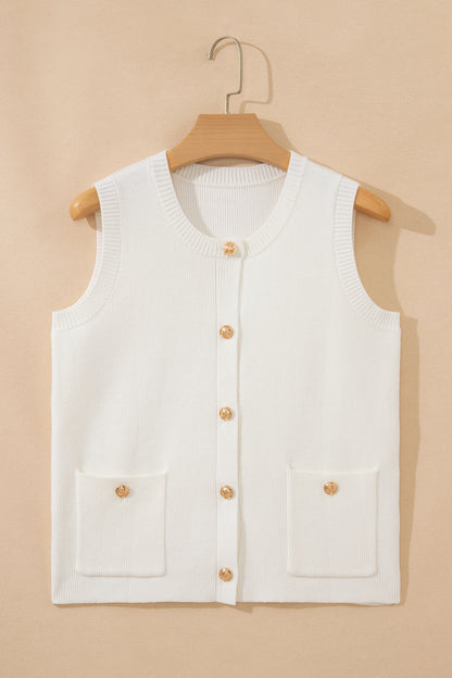 Solid Color Sleeveless Knit Button Pocketed Sweater