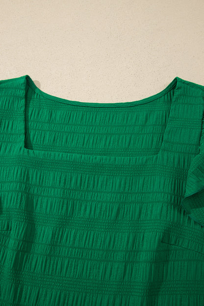 Textured Square Neck Top and Shirred High Waist Shorts Set
