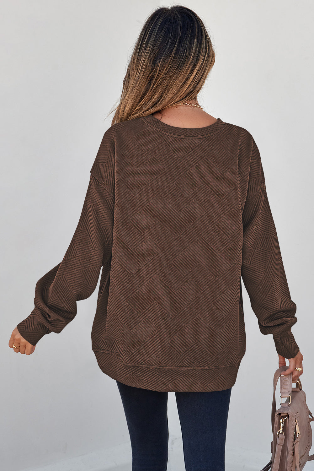 Solid Color Textured Round Neck Drop Shoulder Pullover Sweatshirt