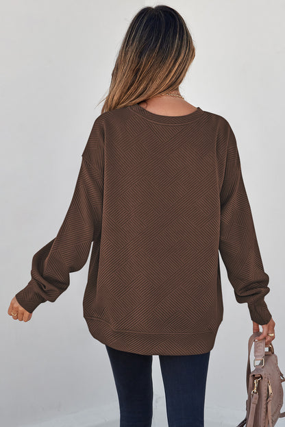 Solid Color Textured Round Neck Drop Shoulder Pullover Sweatshirt