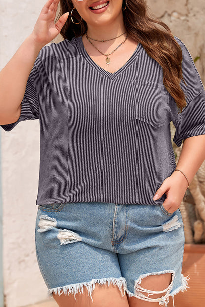 Textured V-Neck Dropped Shoulder Plus T-Shirt