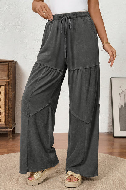 Wild Ginger Careys Mineral Wash Tiered Wide Leg Patchwork Drawstring Pants
