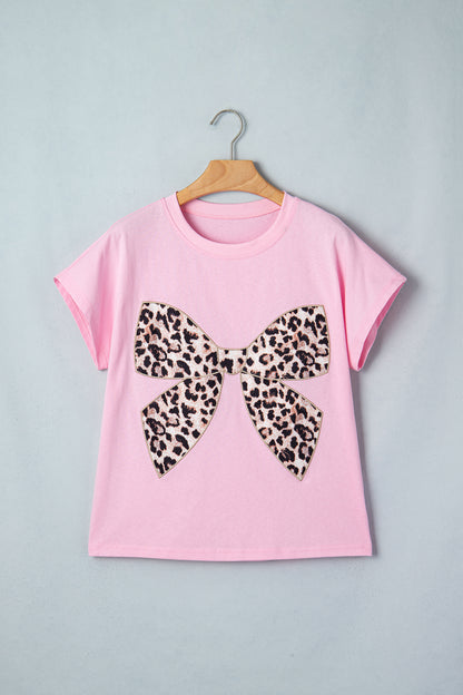 Leopard Bow Embroidered Cotton Round Neck T Shirt