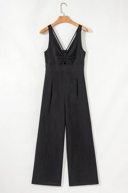 Black Front Cut Out Smocked Back Sleeveless Wide Leg Jumpsuit