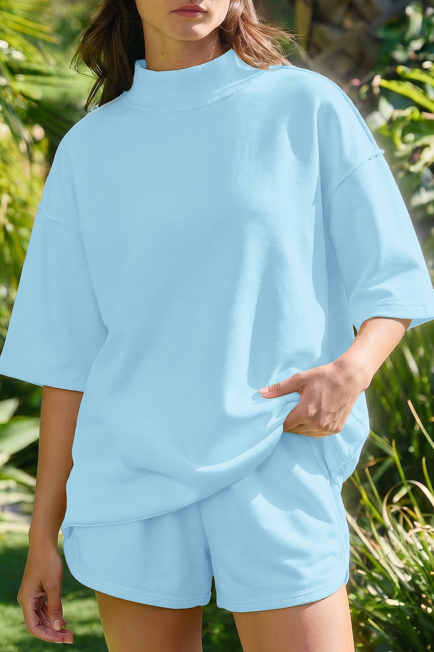 Solid Color Exposed Seam Mock Neck Oversize Tee Casual Shorts 2pcs Outfit