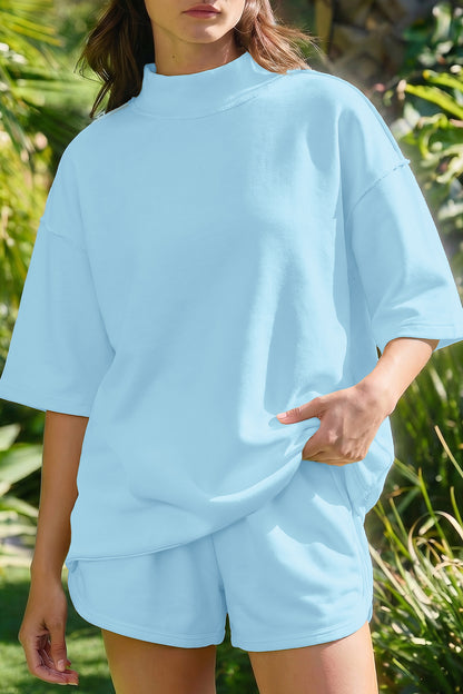 Solid Color Exposed Seam Mock Neck Oversize Tee Casual Shorts 2pcs Outfit