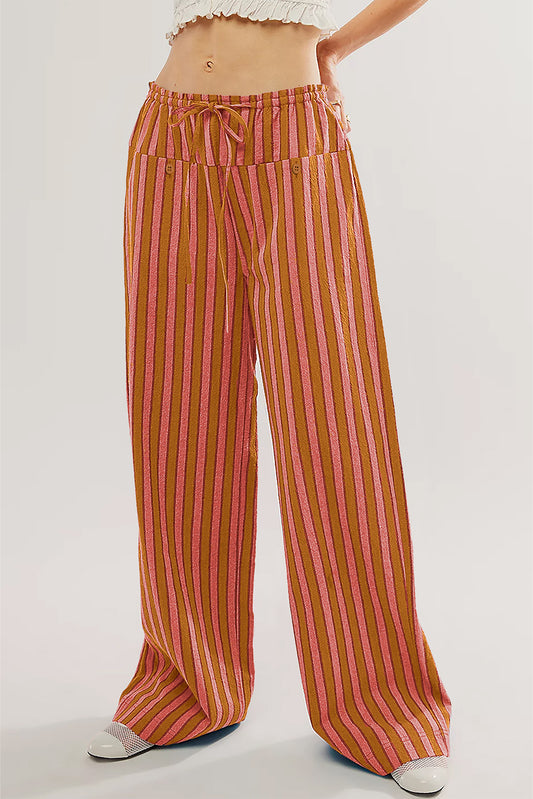 Stripe Button Pocket Tie Waist Casual Wide Leg Pants