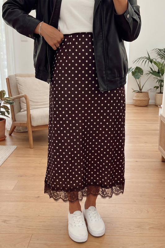 Polka Dot Lace Hem Elegant Long Shift Skirt