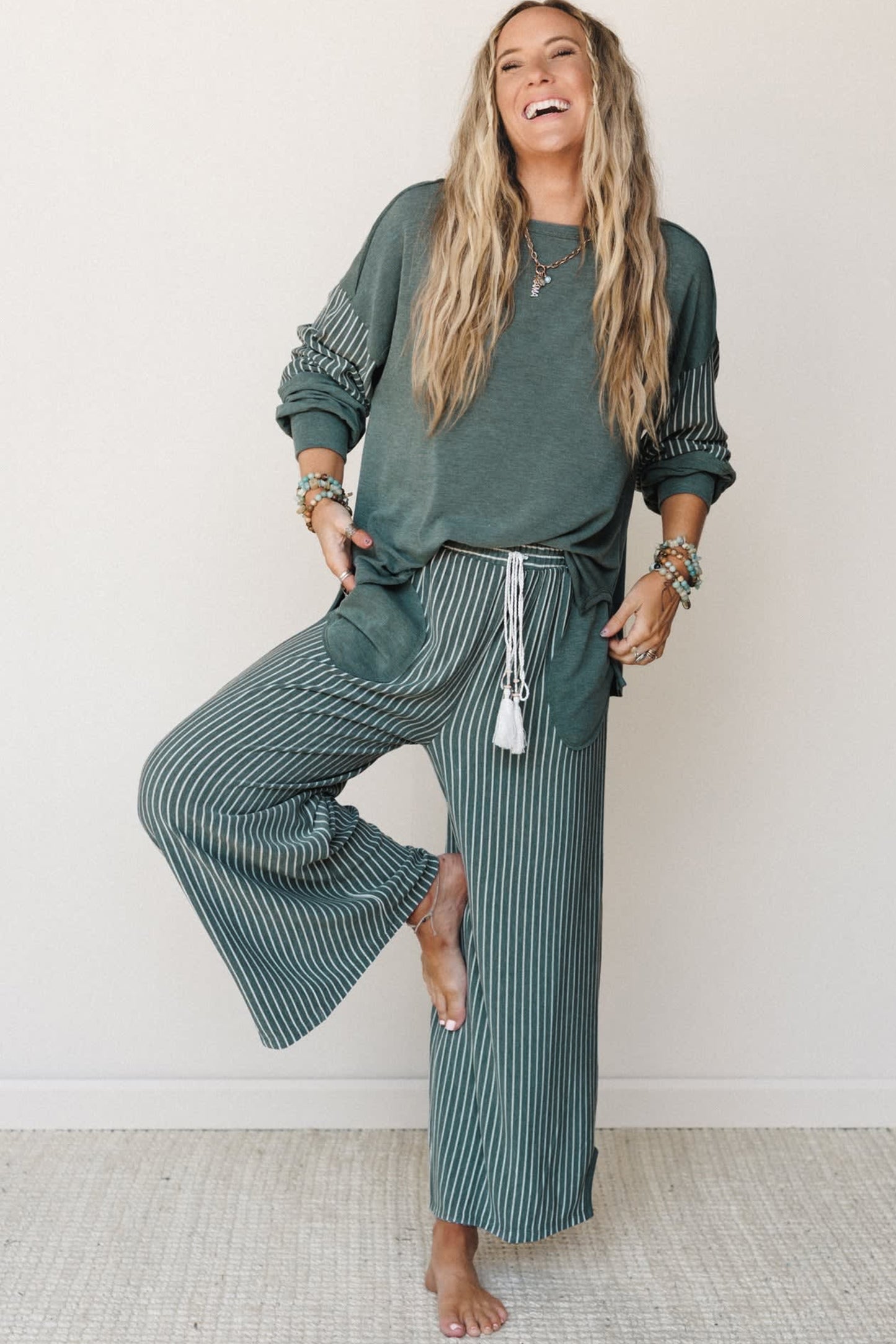 Raw Seam Patchwork Long Sleeve Top Pocket Casual Pants 2pcs Set