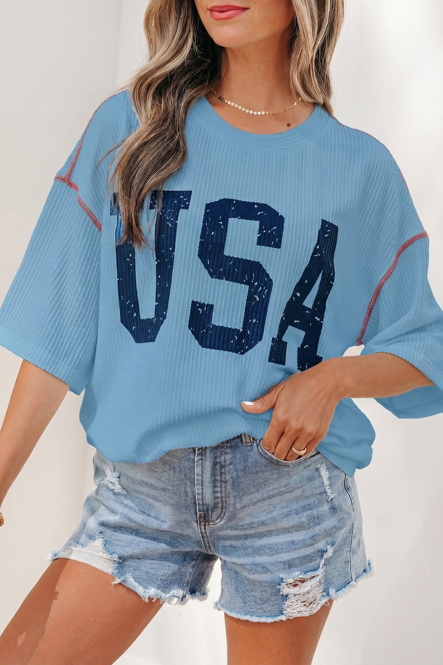 USA Graphic Half Sleeve Loose Ribbed Top
