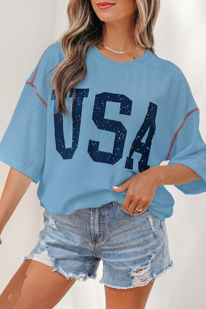 USA Graphic Half Sleeve Loose Ribbed Top