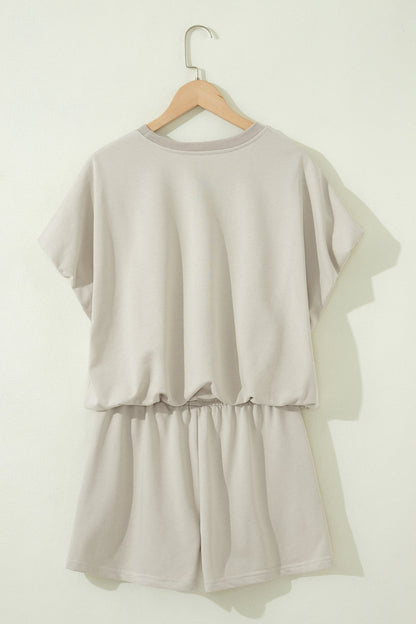 Solid Color Puffy Loose Top Drawstring Shorts 2pcs Outfit