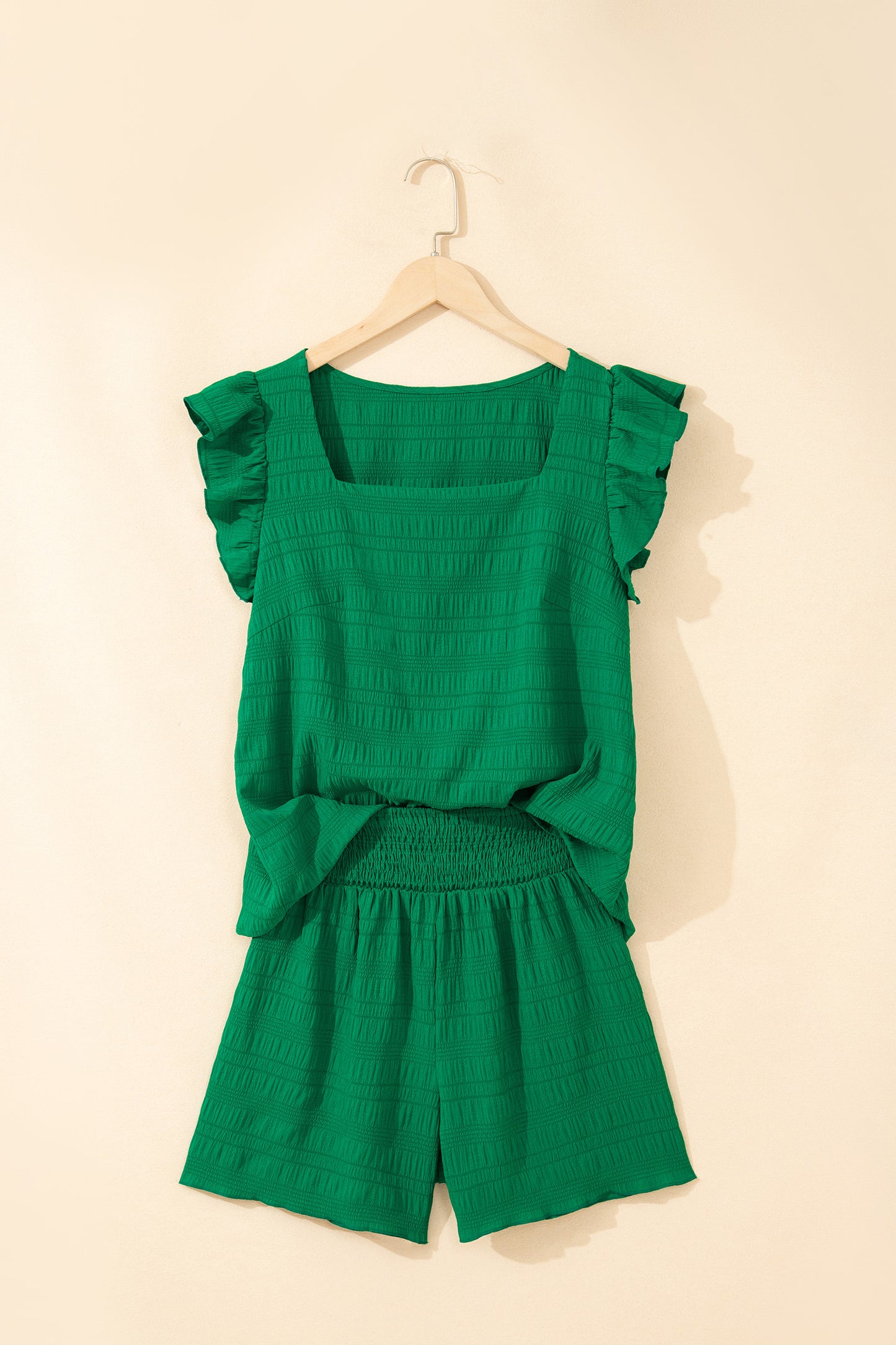Textured Square Neck Top and Shirred High Waist Shorts Set