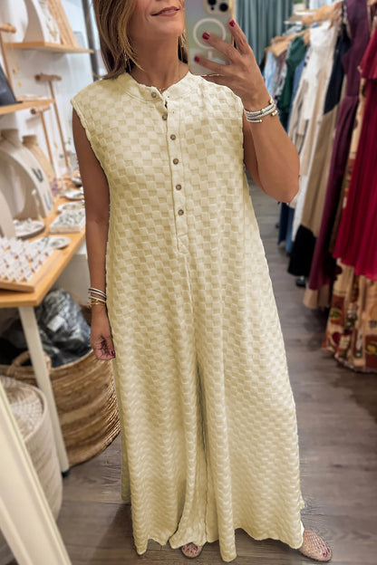 Half Buttons Sleeveless Wide Leg Textured Jumpsuit