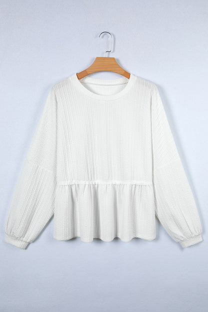White Solid Color Textured Drop Shoulder Long Sleeve Peplum Top
