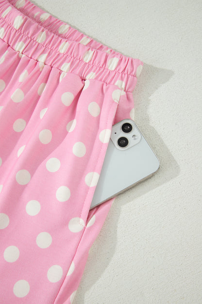 Polka Dot Print Color Block Trim Mock Neck Short Set