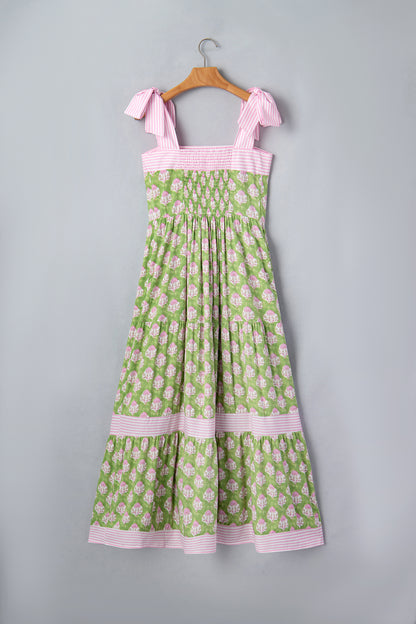 Floral Print Striped Detail Knot Straps Maxi Dress