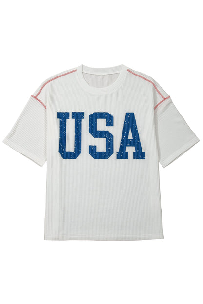 USA Graphic Half Sleeve Loose Ribbed Top