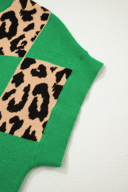 Black Leopard Checkerboard Short Sleeve Knit Sweater