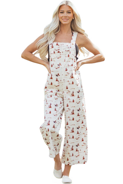 Western Printed Button Adjustable Straps Loose Jumpsuit Dungarees