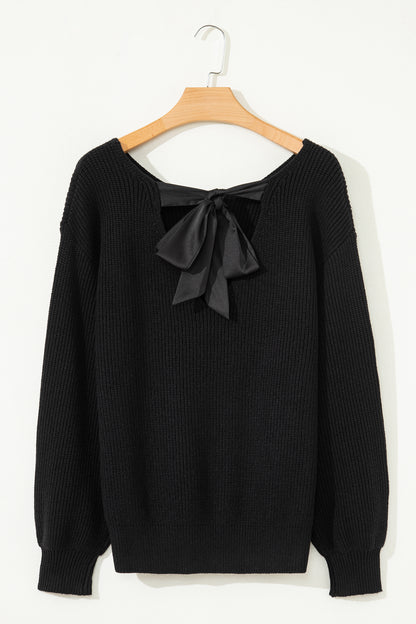 Black Ribbed Knit Ribbon Knot Backless Drop Shoulder Sweater