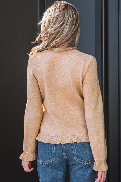Oatmeal Ruffle Trim Gold Button Sweater Cardigan