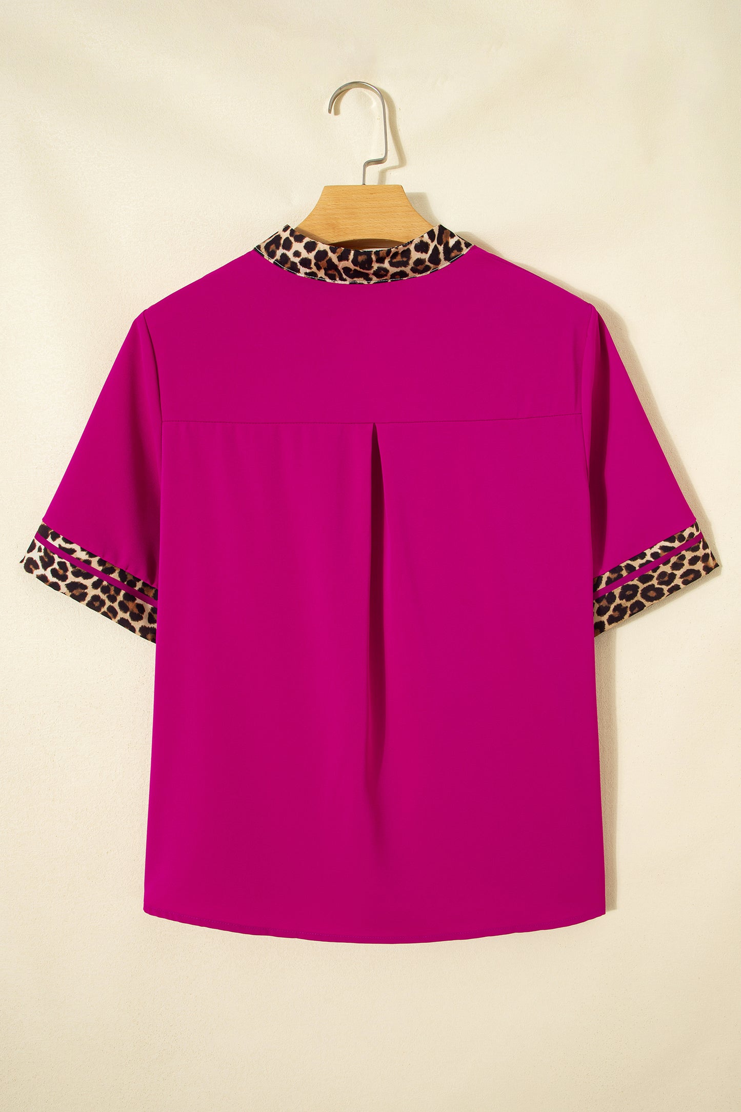 Leopard Patchwork Trim Split Neck Short Sleeve Blouse
