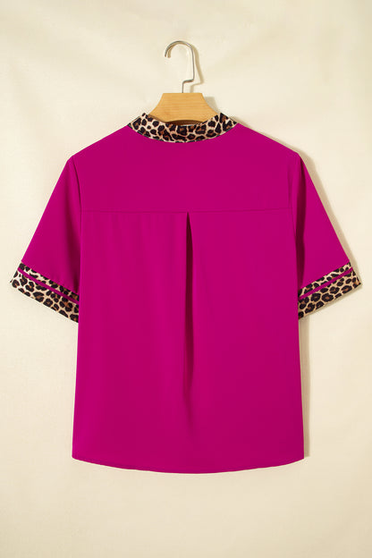 Leopard Patchwork Trim Split Neck Short Sleeve Blouse