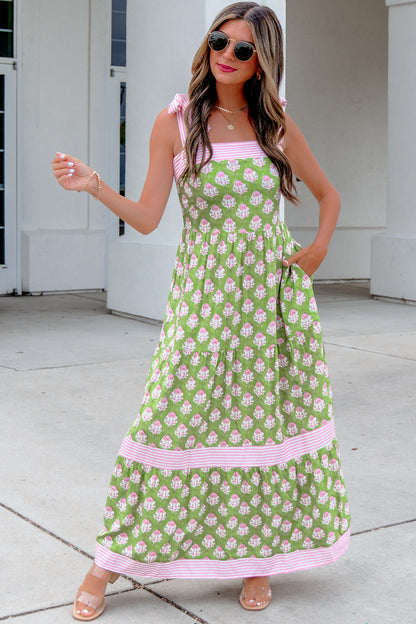 Floral Print Striped Detail Knot Straps Maxi Dress